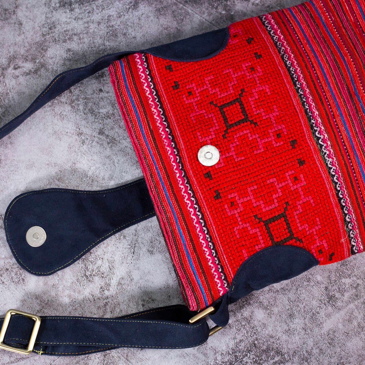 Red embroidery cross-body bag, faux leather straps, coconut button