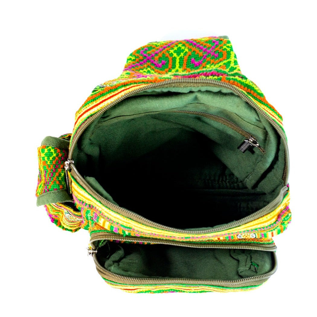 Boho-style linen, embroidery Sling bag, H'mong tribal pattern in GREEN