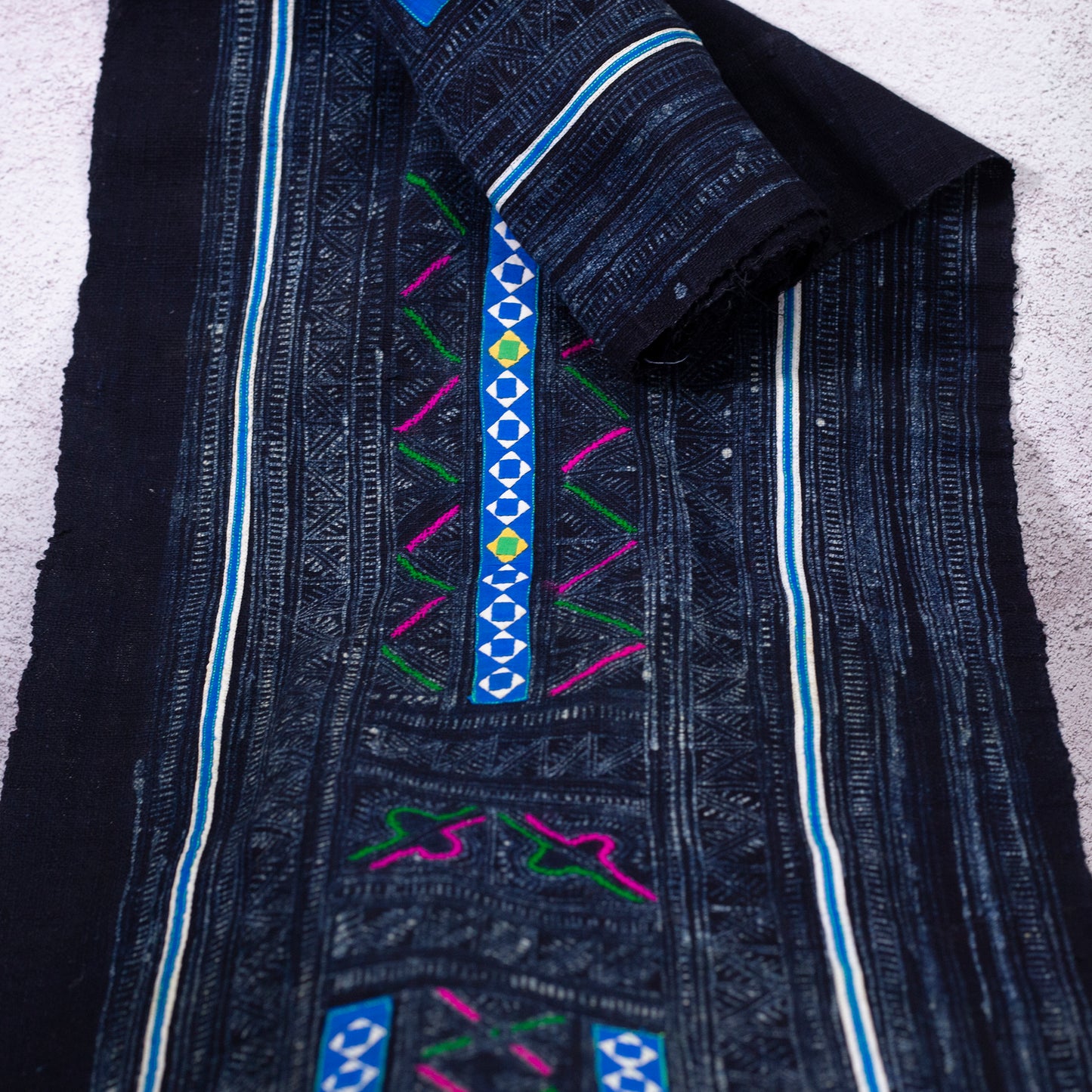 Authentic Vintage H'mong Hemp Textile – Indigo Batik with Hand-Drawn and Embroidered Details