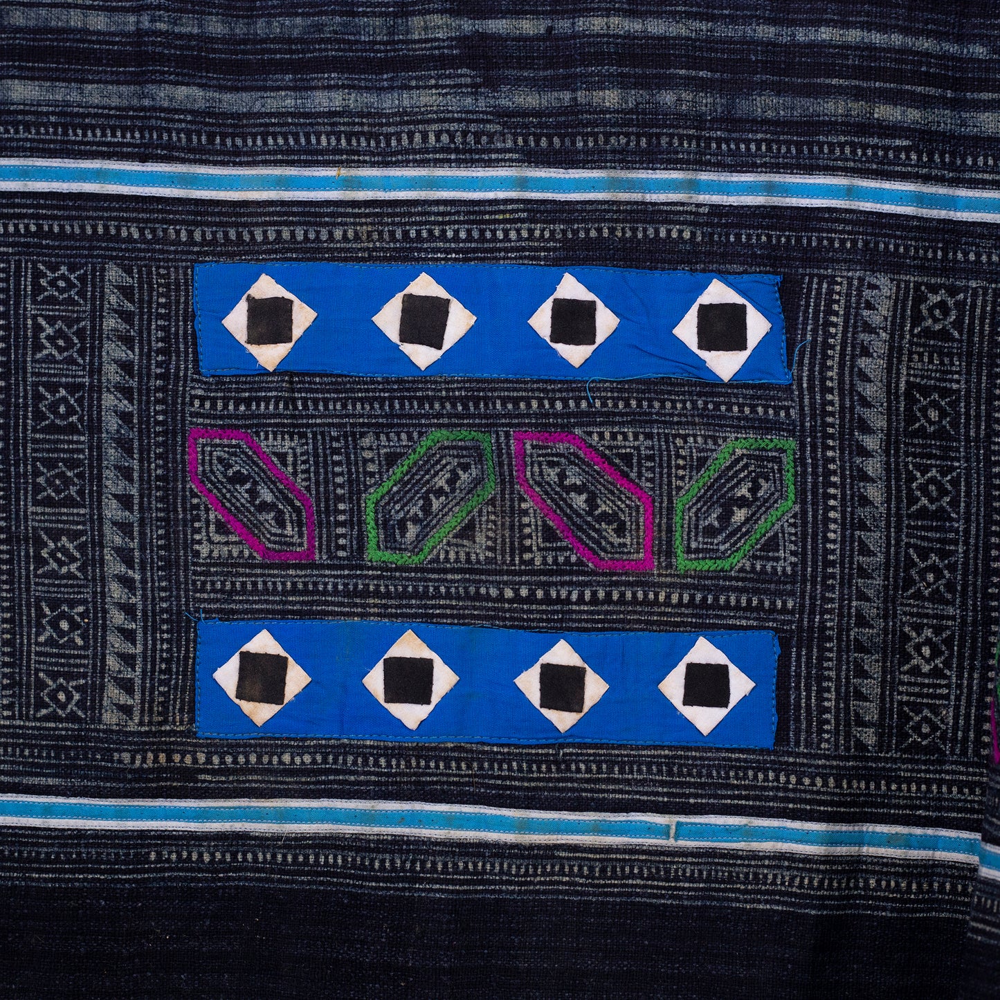 Authentic Vintage H'mong Hemp Textile – Indigo Batik with Hand-Drawn and Embroidered Details