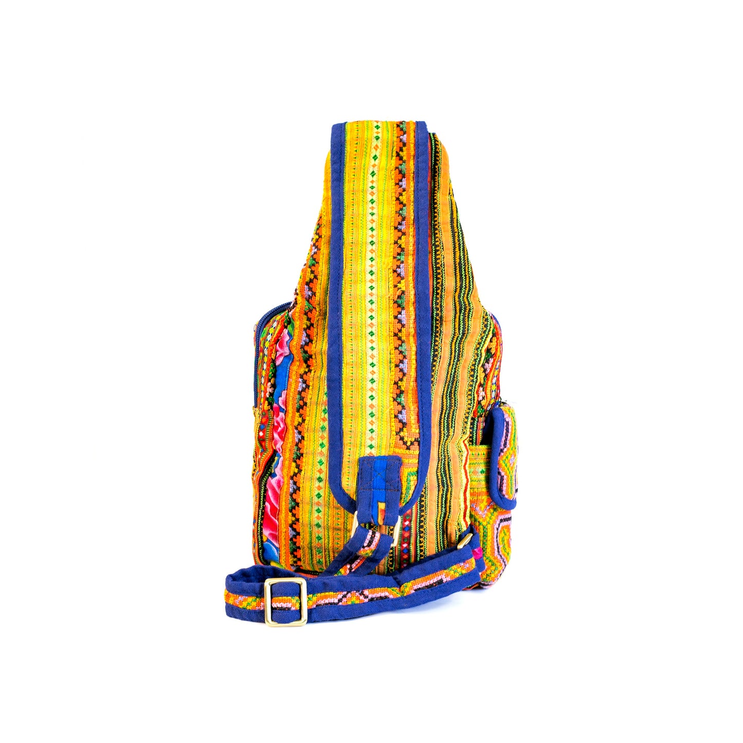 Boho-style linen, embroidery Sling bag, H'mong tribal pattern in ORANGE silk thread and blue rim