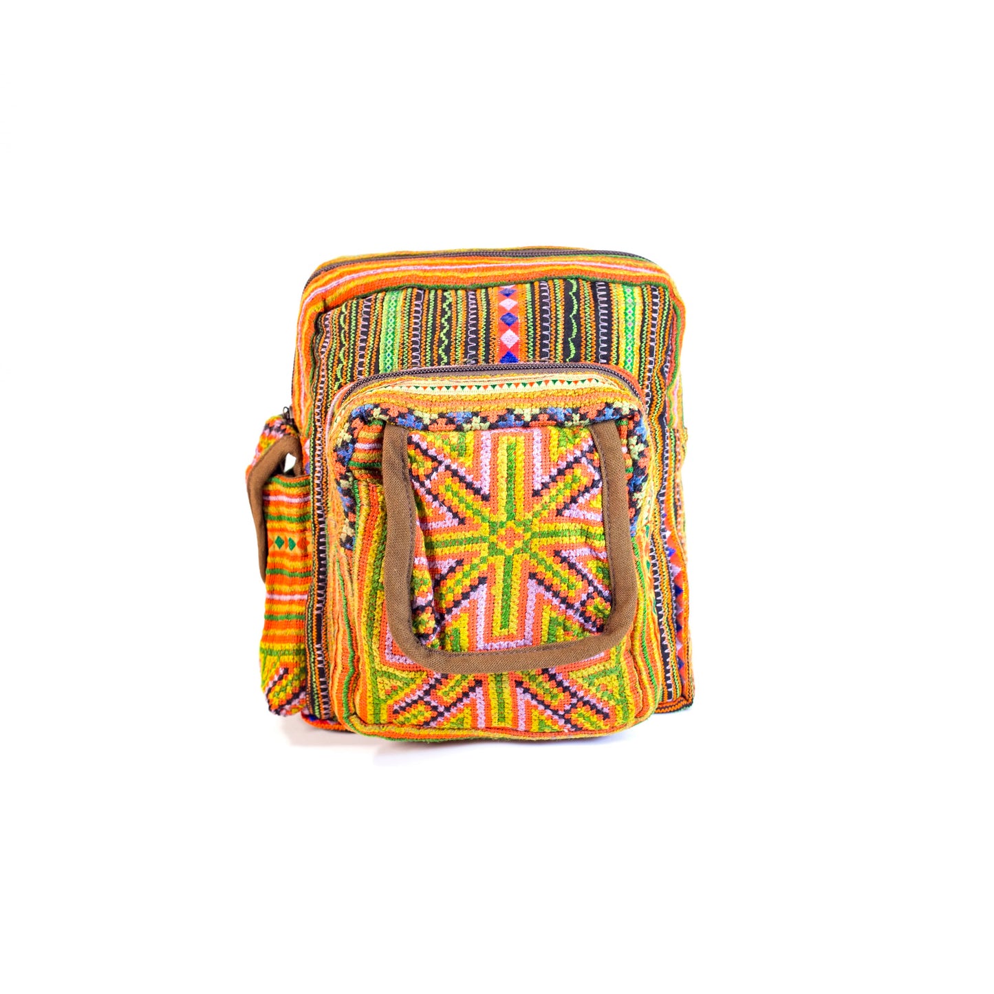 Boho-style linen, embroidery Sling bag, H'mong tribal pattern in ORANGE silk thread and brown rim