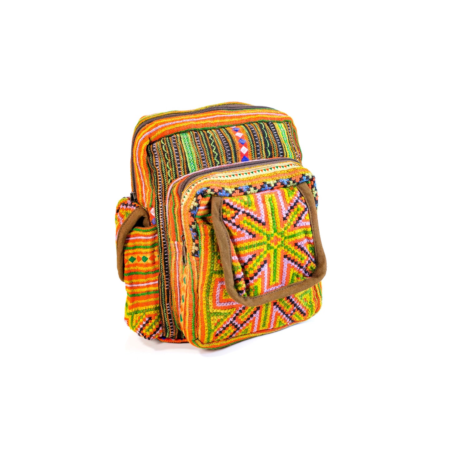 Boho-style linen, embroidery Sling bag, H'mong tribal pattern in ORANGE silk thread and brown rim