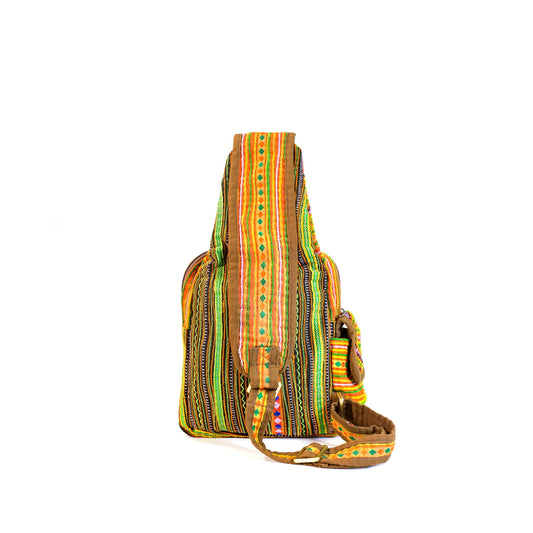 Boho-stil linne, broderier slingpåse, H'mong tribal mönster i ORANGE silkestråd och brun fälg