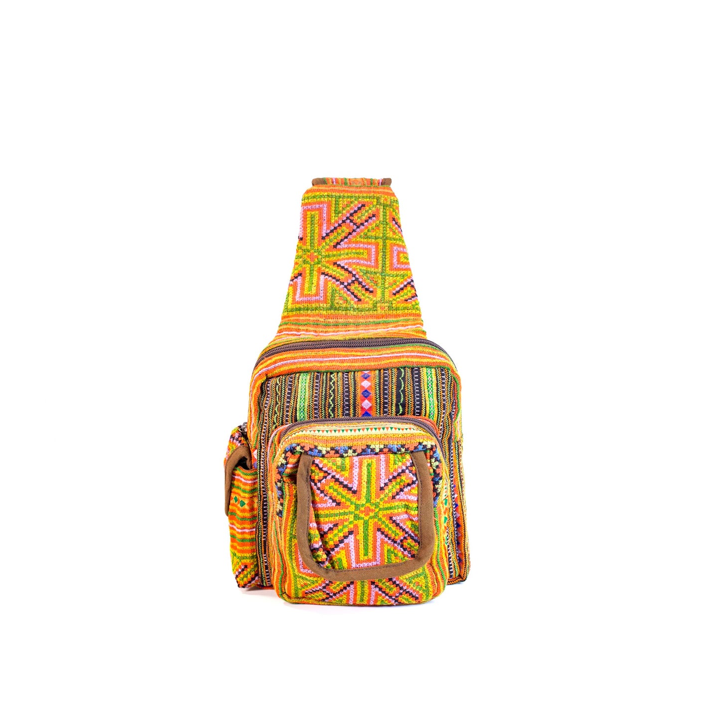 Boho-style linen, embroidery Sling bag, H'mong tribal pattern in ORANGE silk thread and brown rim