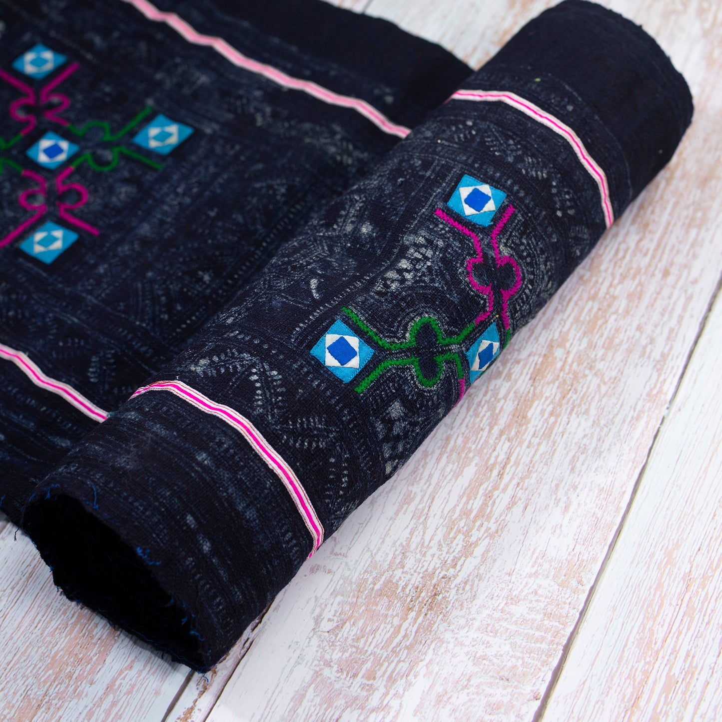 Authentic Vintage H'mong Hemp Textile – Indigo Batik with Hand-Drawn and Embroidered Details