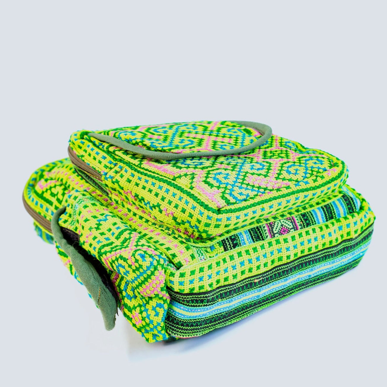 Boho-style linen, embroidery cross-body bag, H'mong tribal pattern