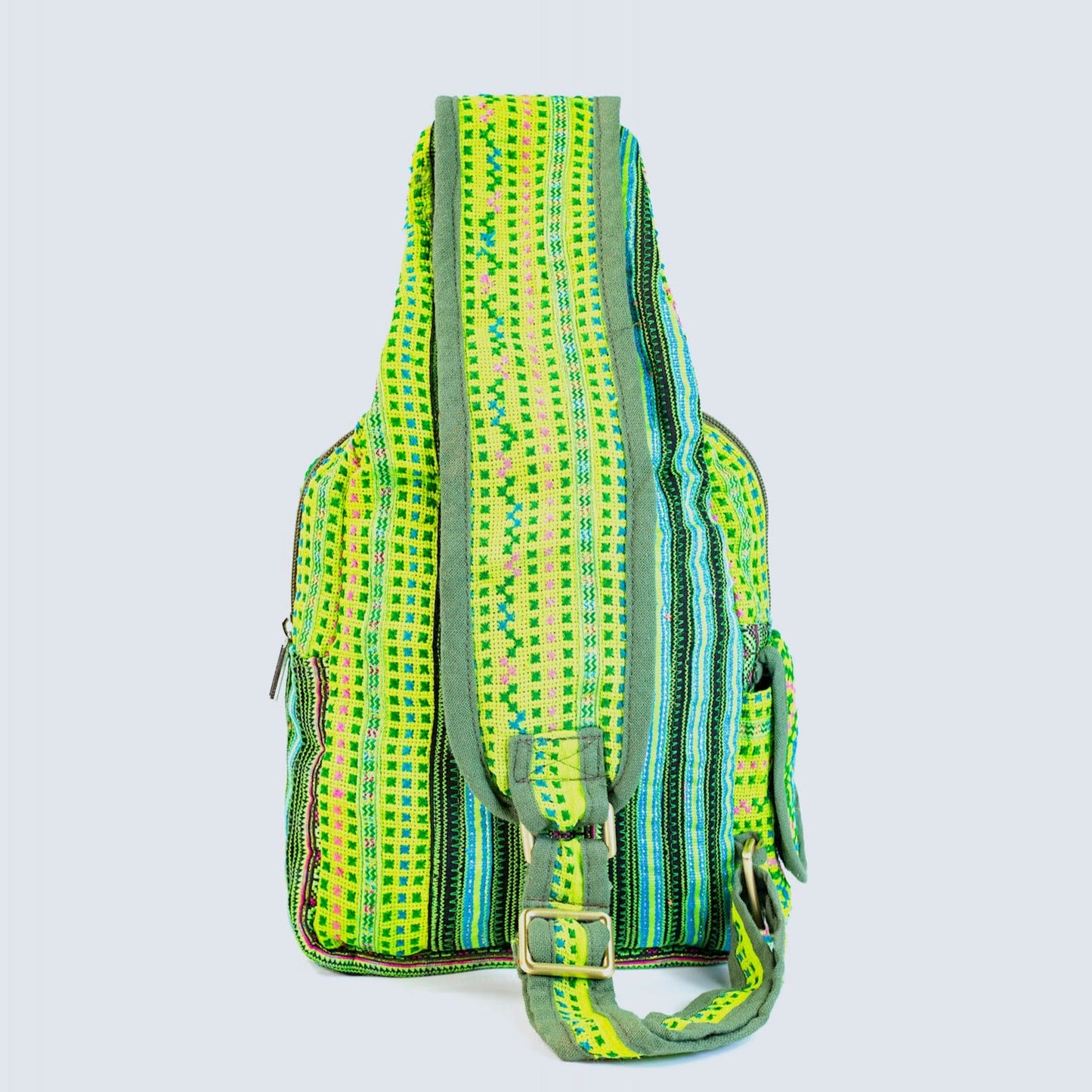 Boho-style linen, embroidery Sling bag, H'mong tribal pattern in Neon GREEN