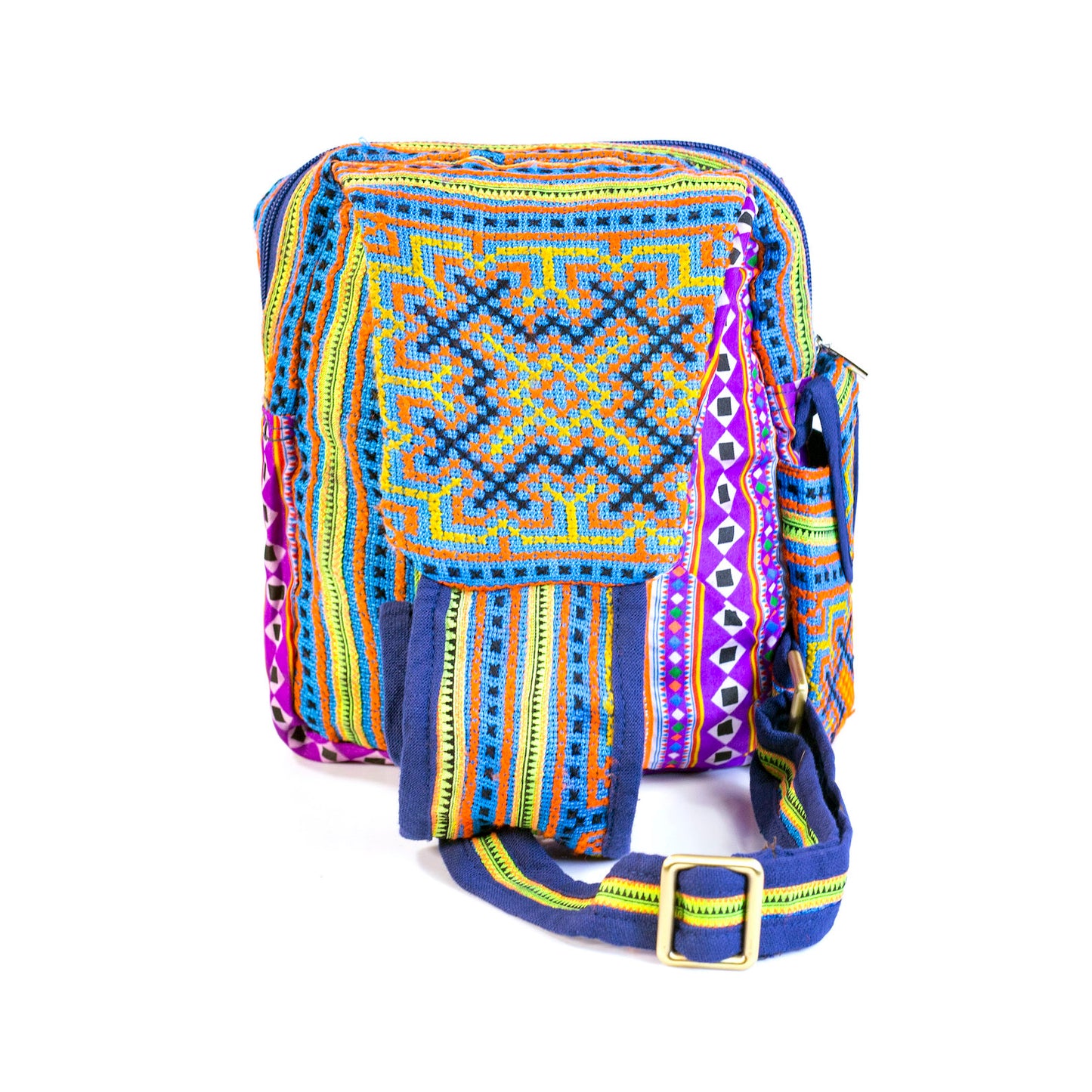 Boho-style linen, embroidery Sling bag, H'mong tribal pattern in PURPLE silk thread