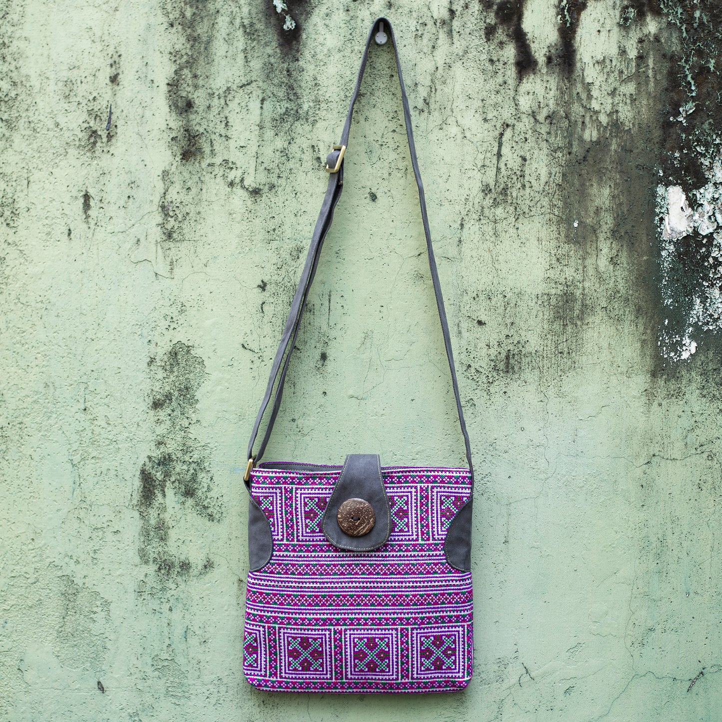Purple embroidery cross-body bag, faux leather straps, coconut button