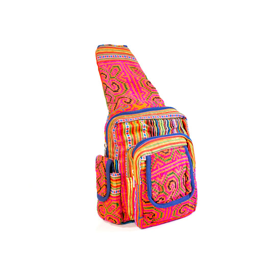 Boho-style linen, embroidery Sling bag, H'mong tribal pattern in PINK silk thread