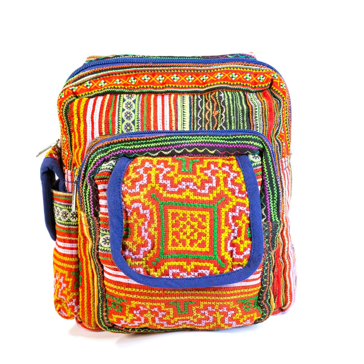 Boho-style linen, embroidery Sling bag, H'mong tribal pattern in ORANGE with blue trim