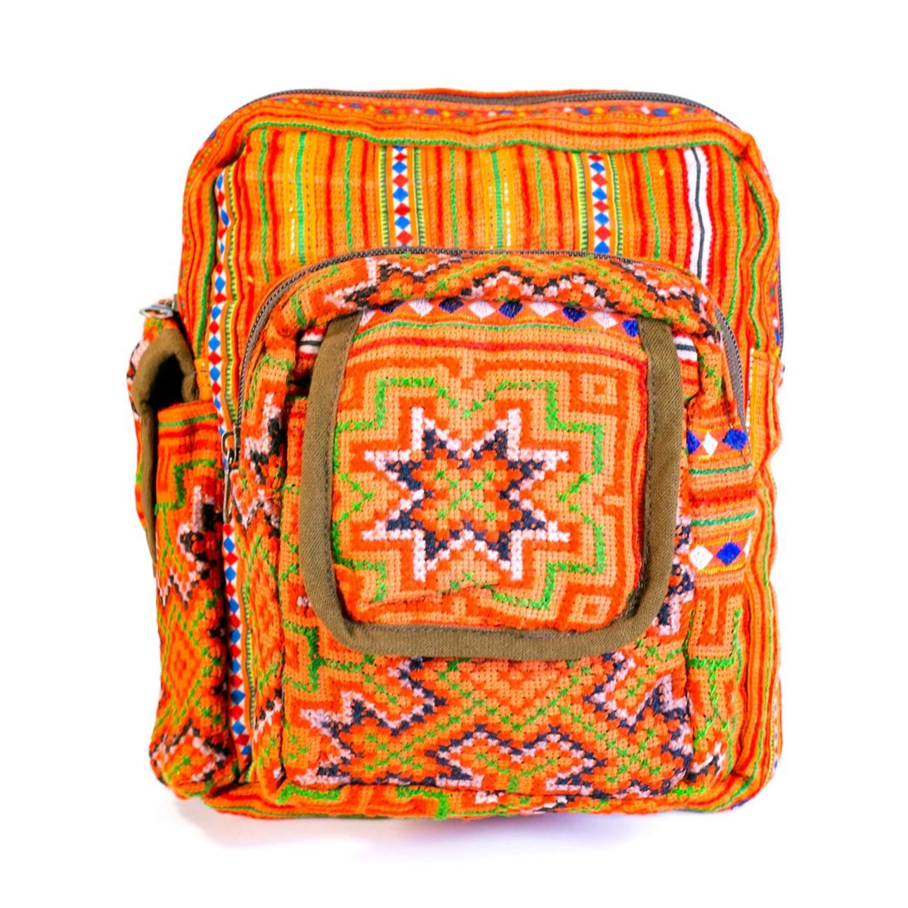 Boho-style linen, embroidery Sling bag, H'mong tribal pattern in ORANGE with brown trim