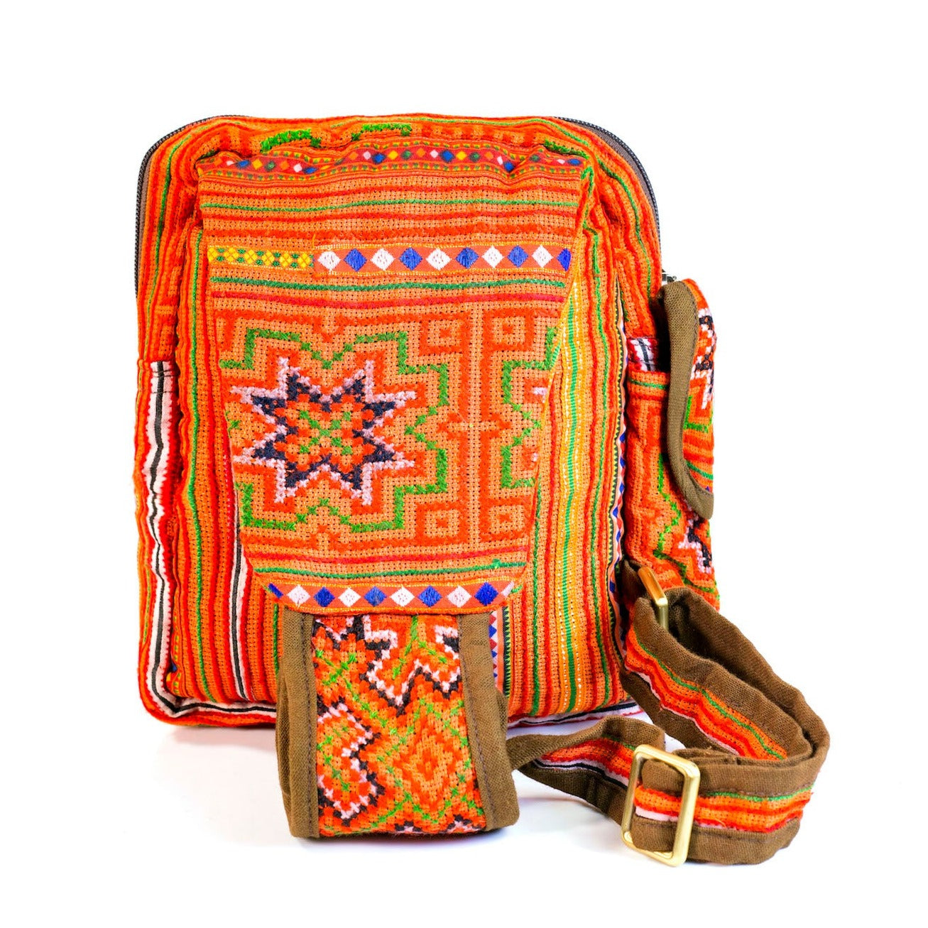 Boho-stil linne, broderier slingpåse, H'mong tribal mönster i ORANGE med brun trim
