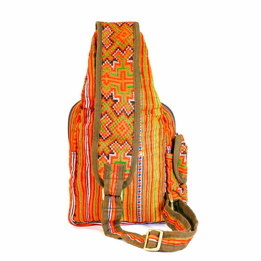 Boho-style linen, embroidery Sling bag, H'mong tribal pattern in ORANGE with brown trim