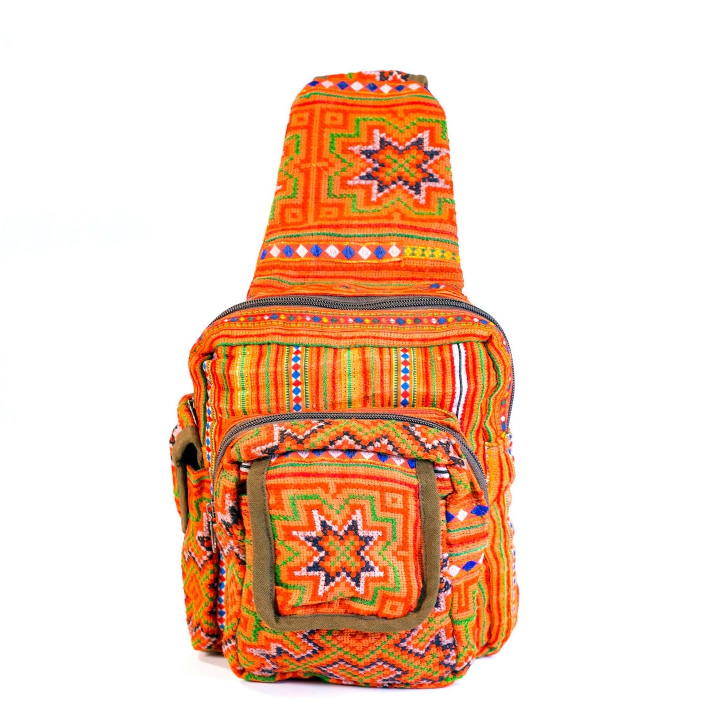 Boho-stil linne, broderier slingpåse, H'mong tribal mönster i ORANGE med brun trim