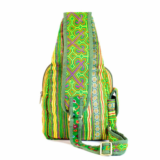Boho-style linen, embroidery Sling bag, H'mong tribal pattern in GREEN