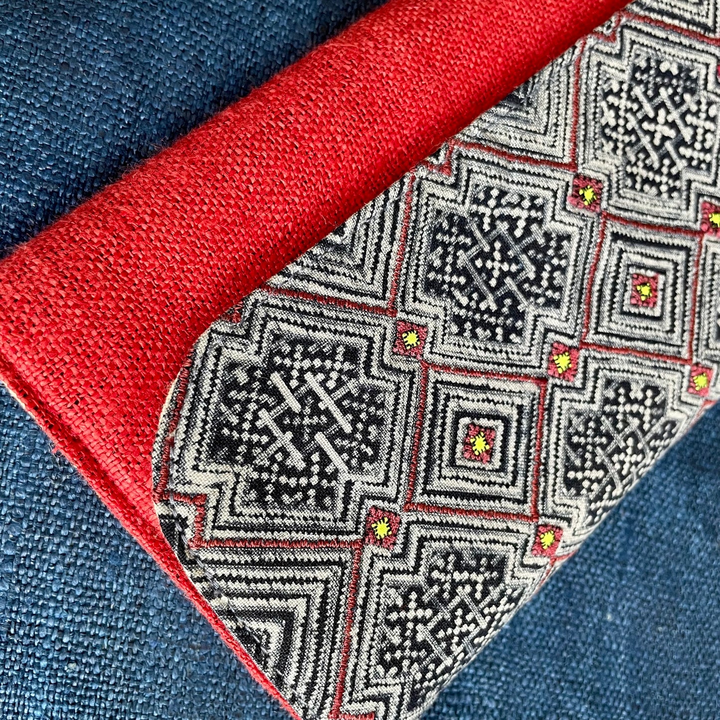 Red long purse, Hemp fabric, Indigo Batik fabric, H'mong pattern