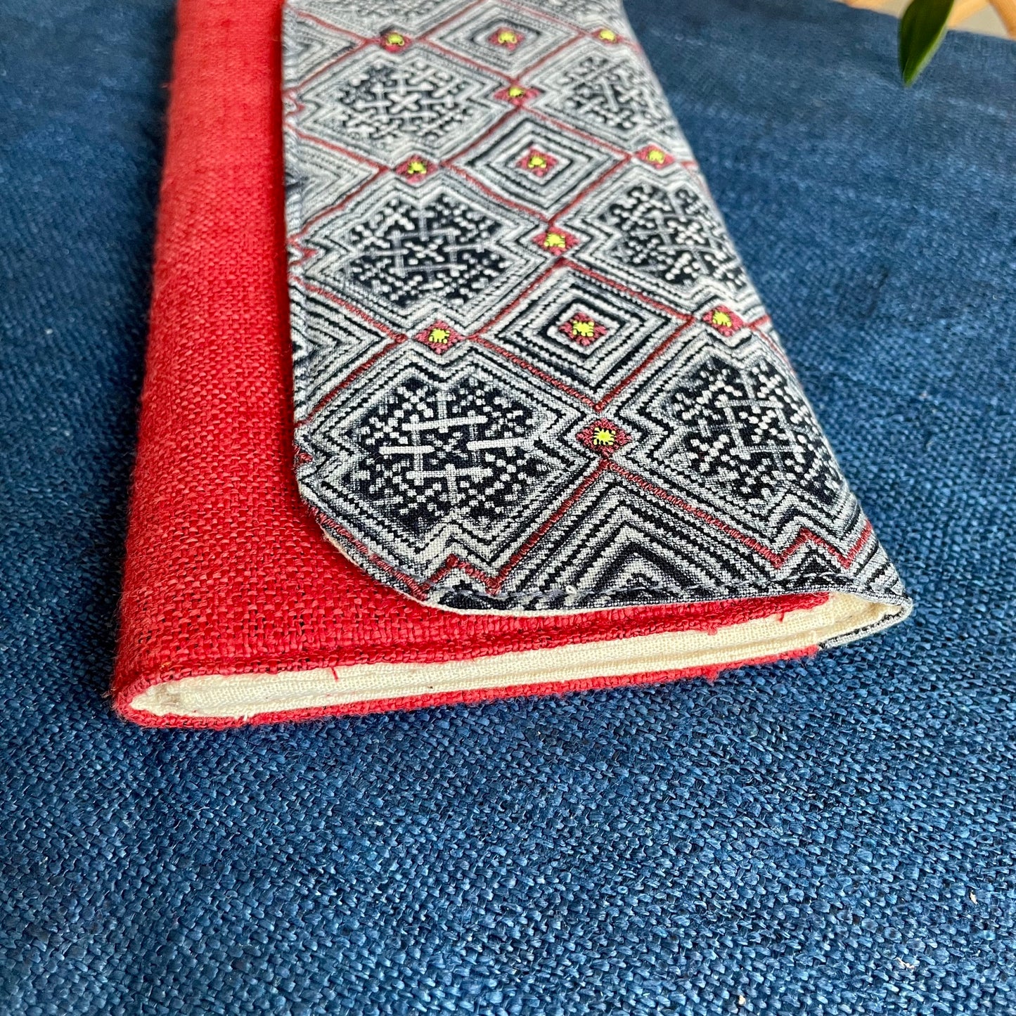 Red long purse, Hemp fabric, Indigo Batik fabric, H'mong pattern