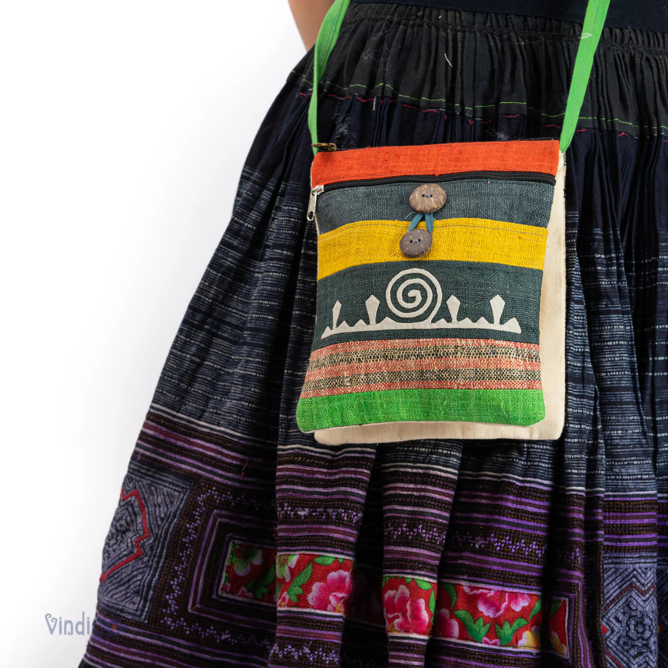 Pink pattern on indigo blue patch- Hemp crossbody bag