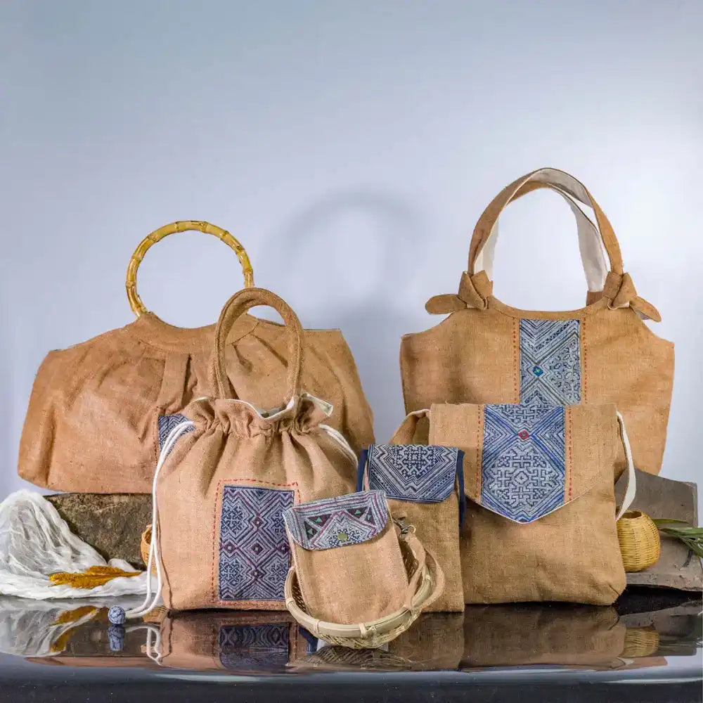 Brown hemp crossbody bag with vintage patch from Purity Collection, eco-friendly handmade design.