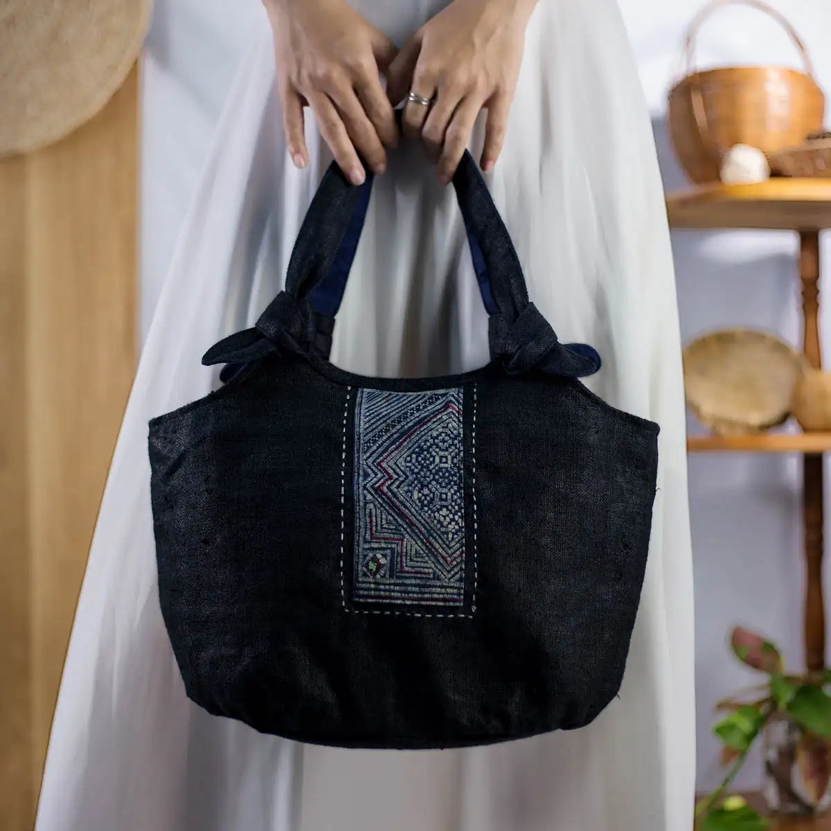 Black hemp bunny ear handbag with handles and vintage H’Mong patch, sustainable artisanal fashion