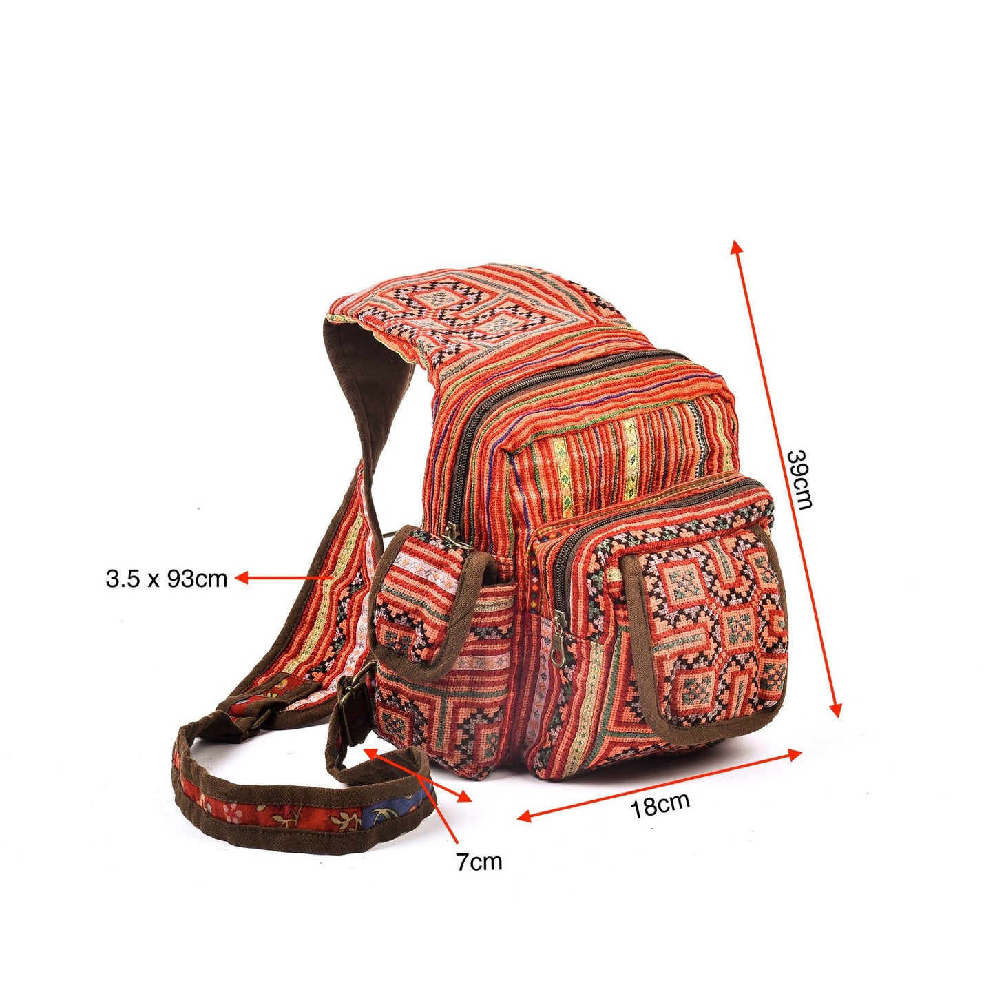 Boho-style linen, embroidery Sling bag, H'mong tribal pattern in ORANGE