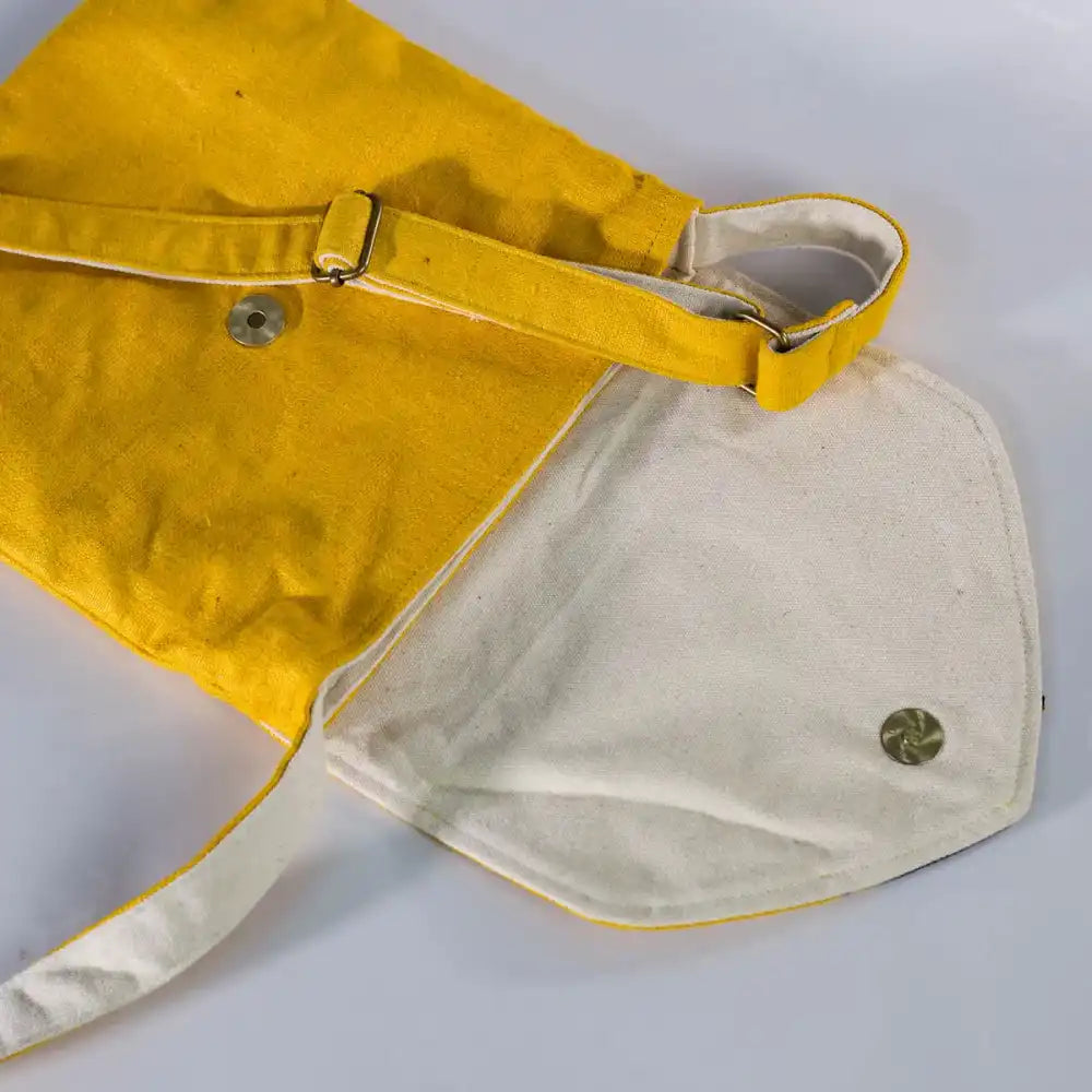 Open view of spacious hemp crossbody bag with cotton lining and magnet closure