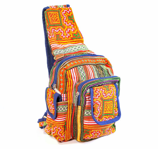 Boho-style linen, embroidery Sling bag, H'mong tribal pattern in ORANGE with blue trim