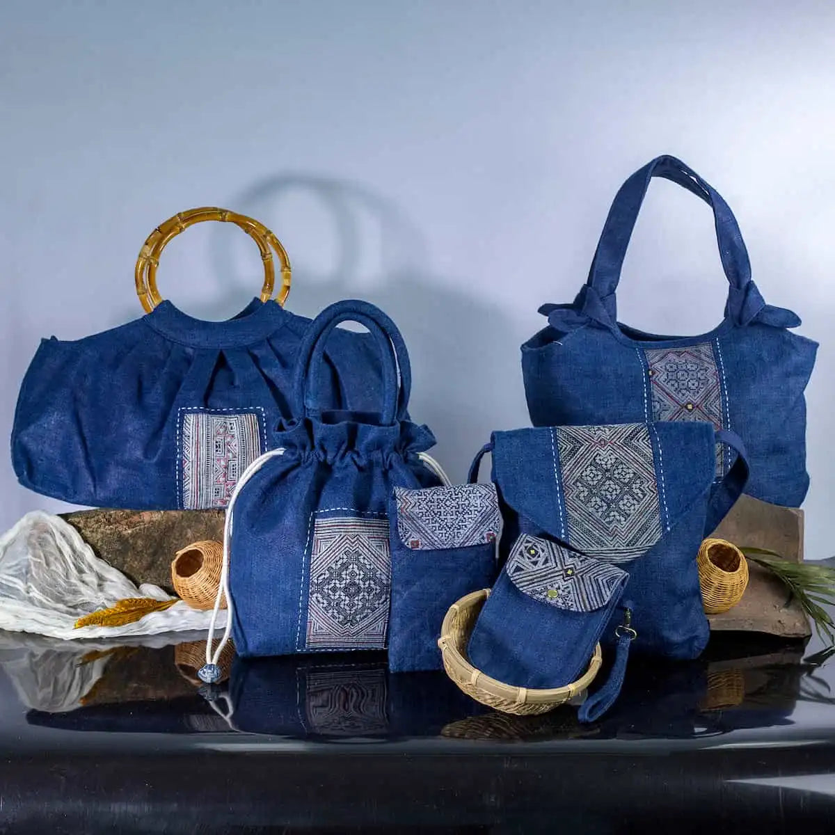 Set of indigo hemp handbags with bamboo handles and H’mong patches