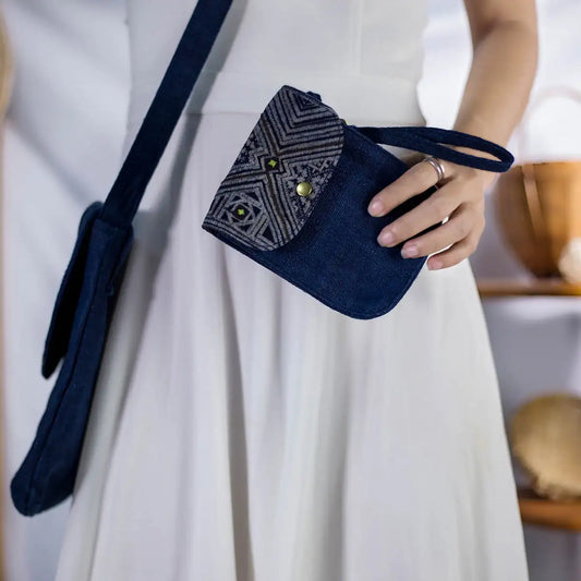 Handcrafted indigo hemp mobilväska phone bag with H’mong fabric patch, sustainable and stylish