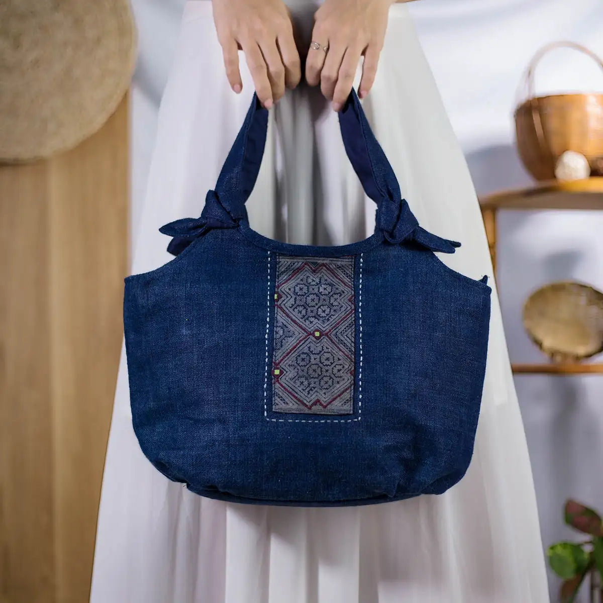 Indigo hemp tote bag with authentic H’mong patch, eco-friendly artisan-made design 