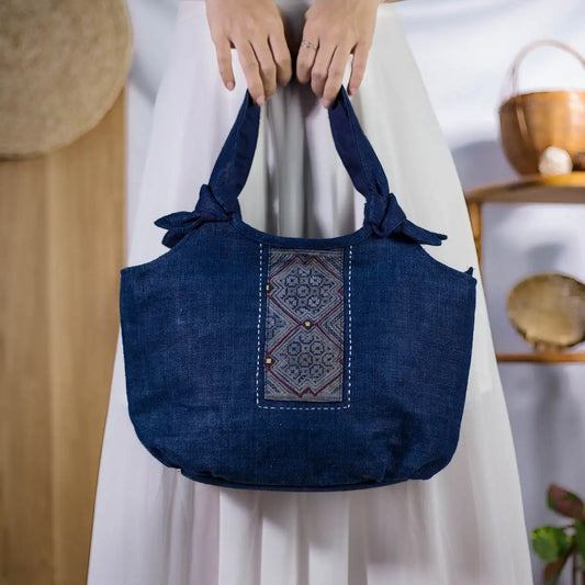 Indigo hemp tote bag with authentic H’mong patch, eco-friendly artisan-made design 