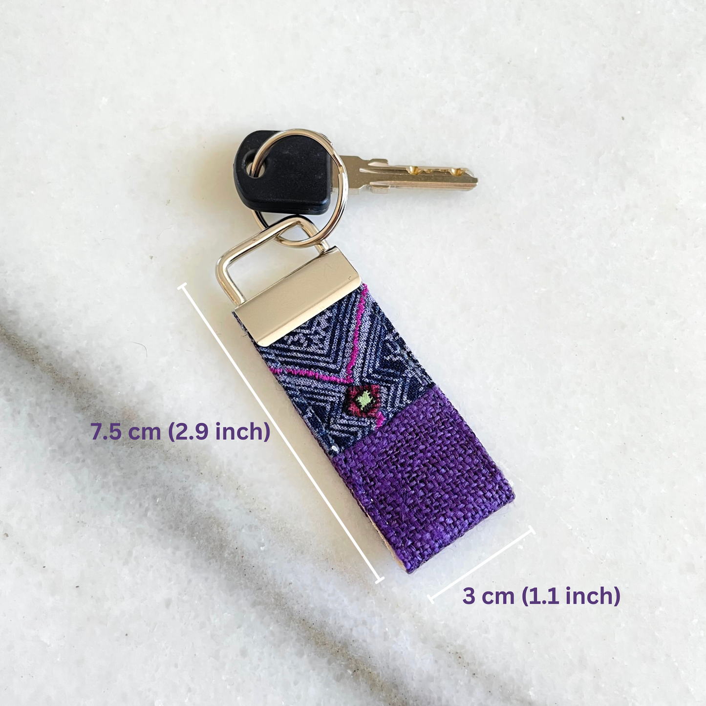 Purple hemp fabric keychain with vintage batik patch, stainless metal key fob
