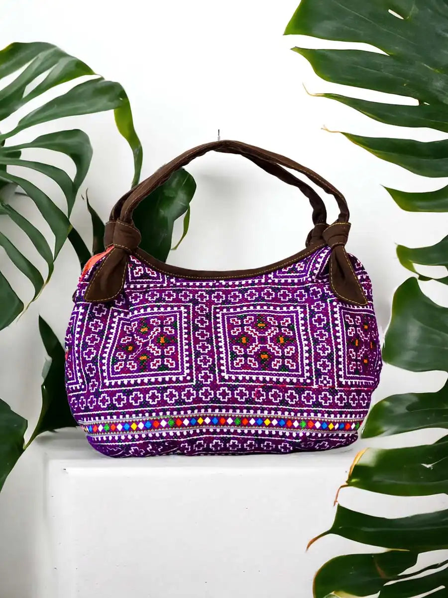 Vindigo handbag purple brown front embroidery detail