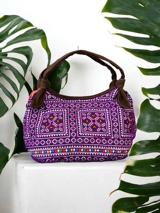 Vindigo handbag purple brown front embroidery detail