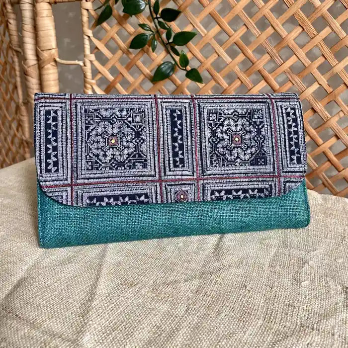 Vindigo long purse teal hemp tribal front with embroidery