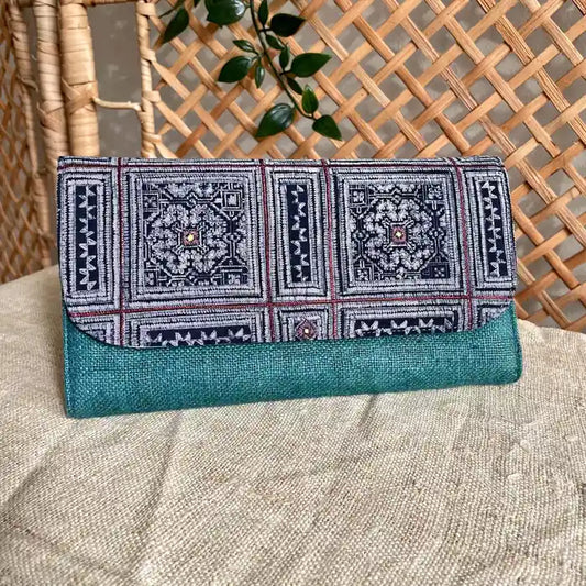 Vindigo long purse teal hemp tribal front with embroidery