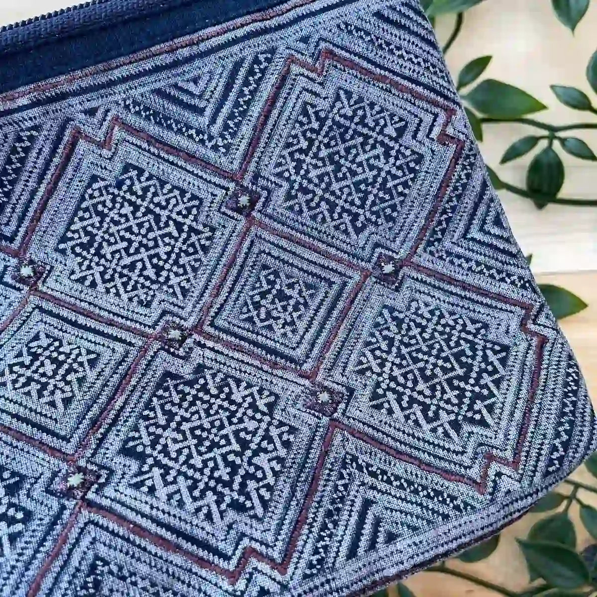 Vindigo cosmetic bag blue embroidered geometry close detail