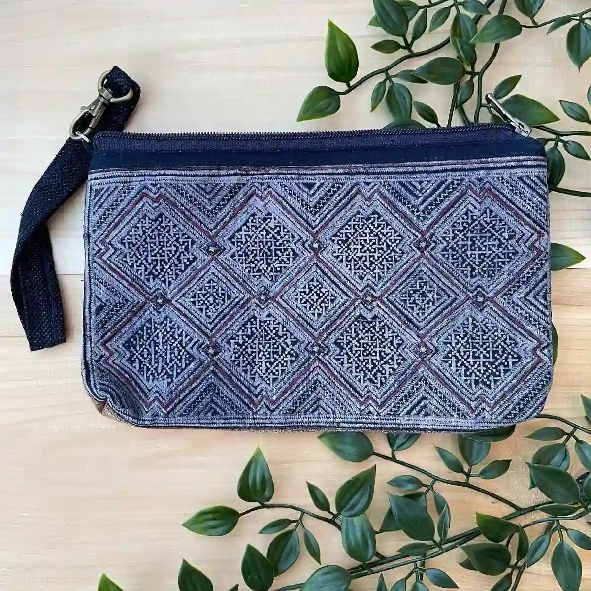 Vindigo cosmetic bag blue embroidered geometry front alternate view