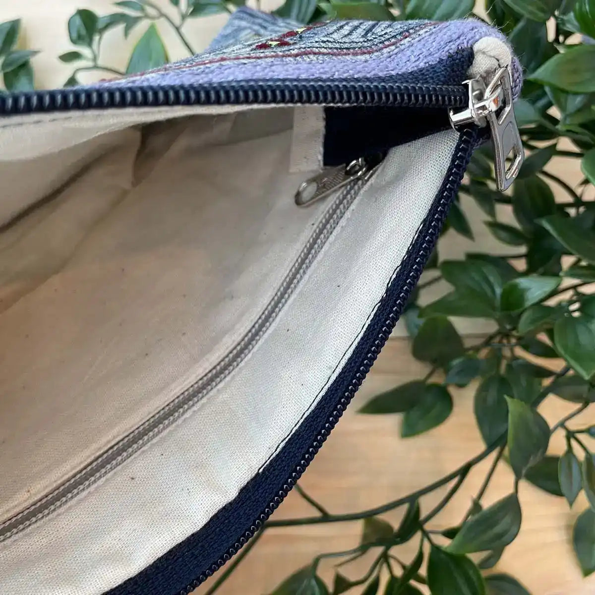 Vindigo cosmetic bag blue embroidered square pattern inside view