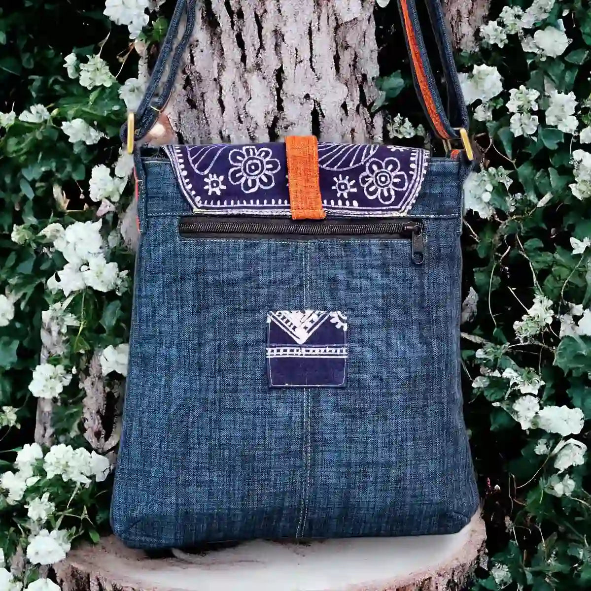 Vindigo crossbody bag denim embroidered with orange trim back view