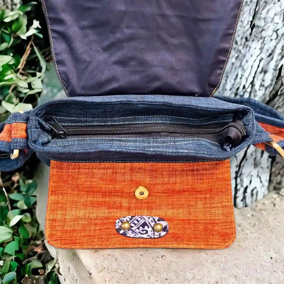 Vindigo crossbody bag denim embroidered with orange trim pocket detail