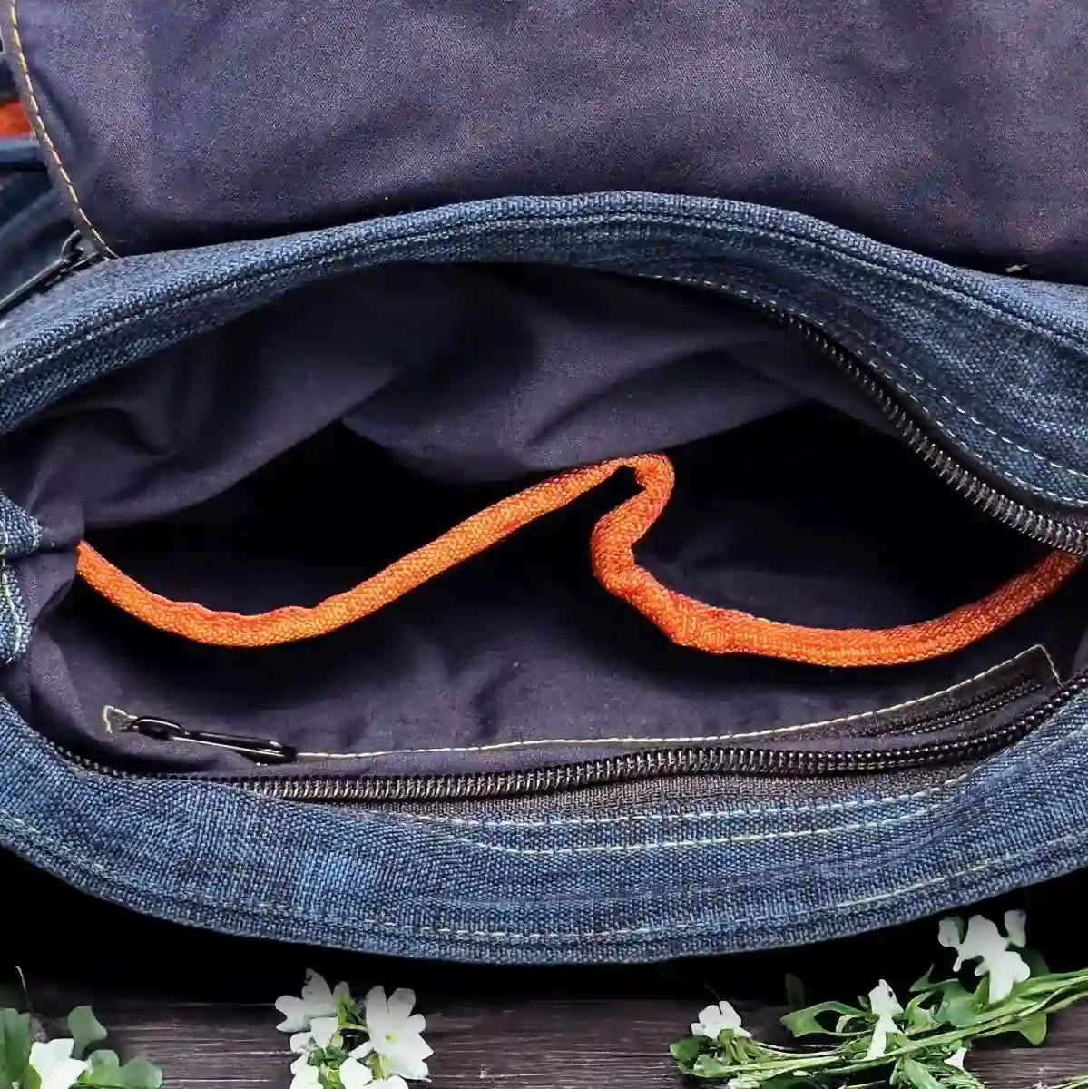 Vindigo crossbody bag denim embroidered with orange trim inside detail