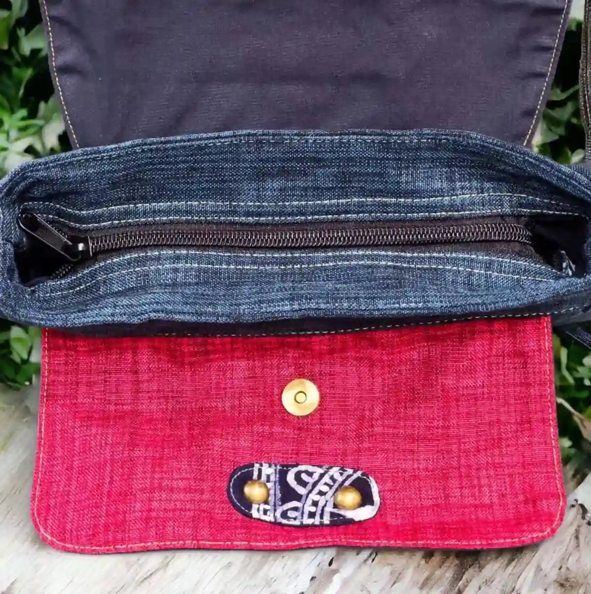Vindigo crossbody bag denim embroidered with red trim pocket detail