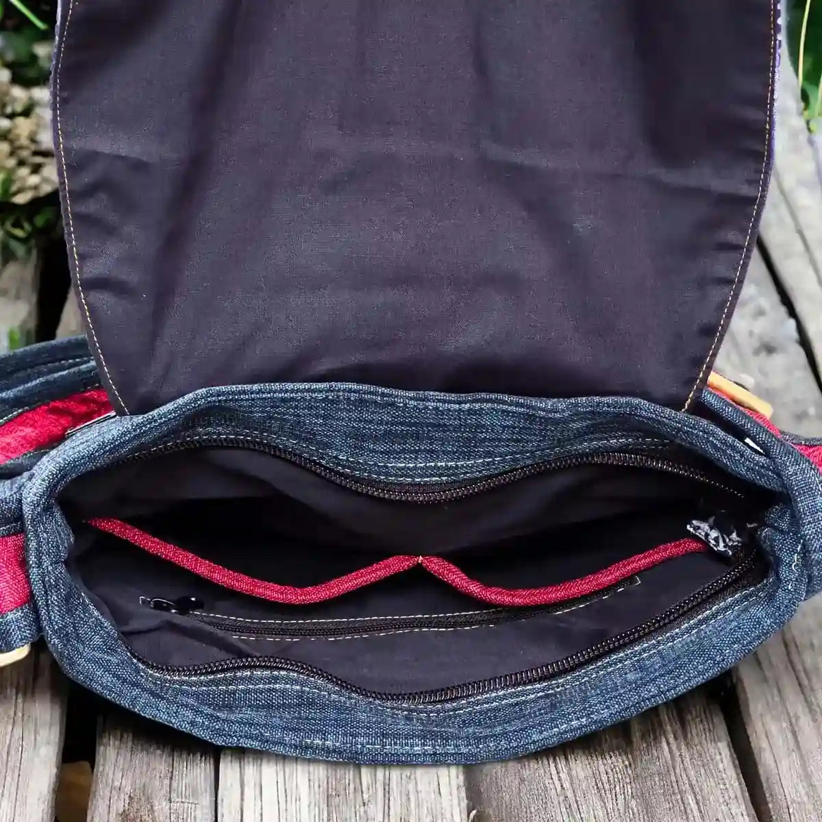 Vindigo crossbody bag denim embroidered with red trim inside detail