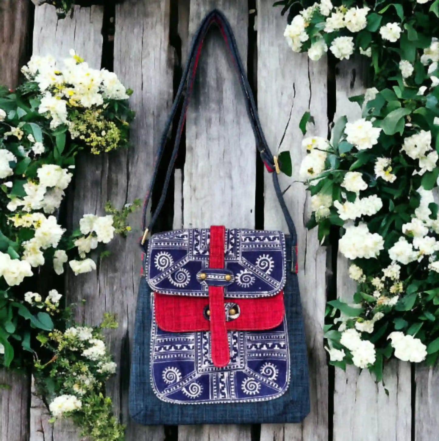 Vindigo crossbody bag denim embroidered with red trim front view