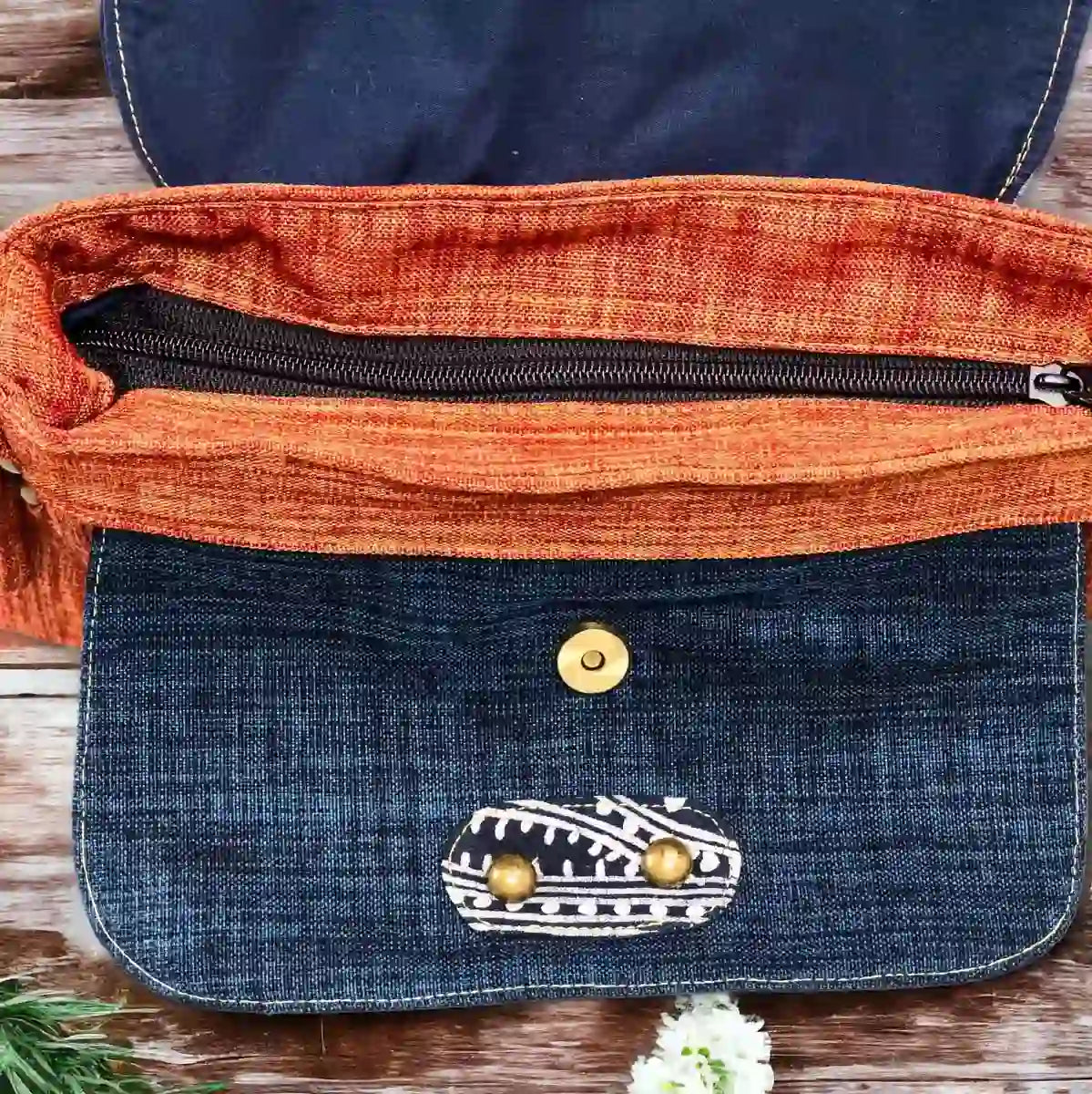 Vindigo crossbody bag orange embroidered circle denim pocket detail