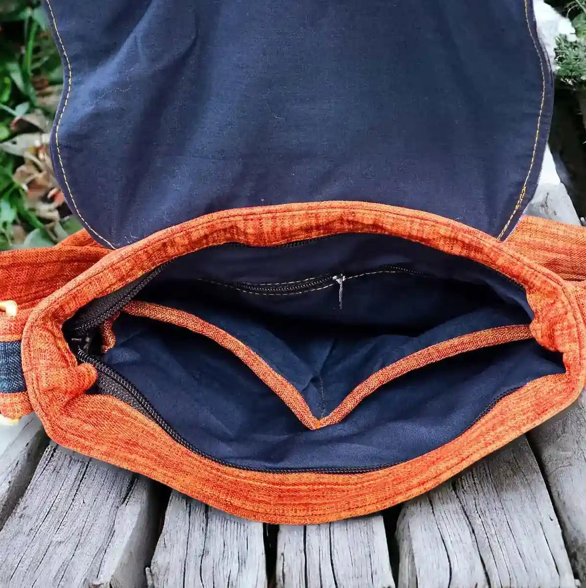 Vindigo crossbody bag orange embroidered circle denim inside detail