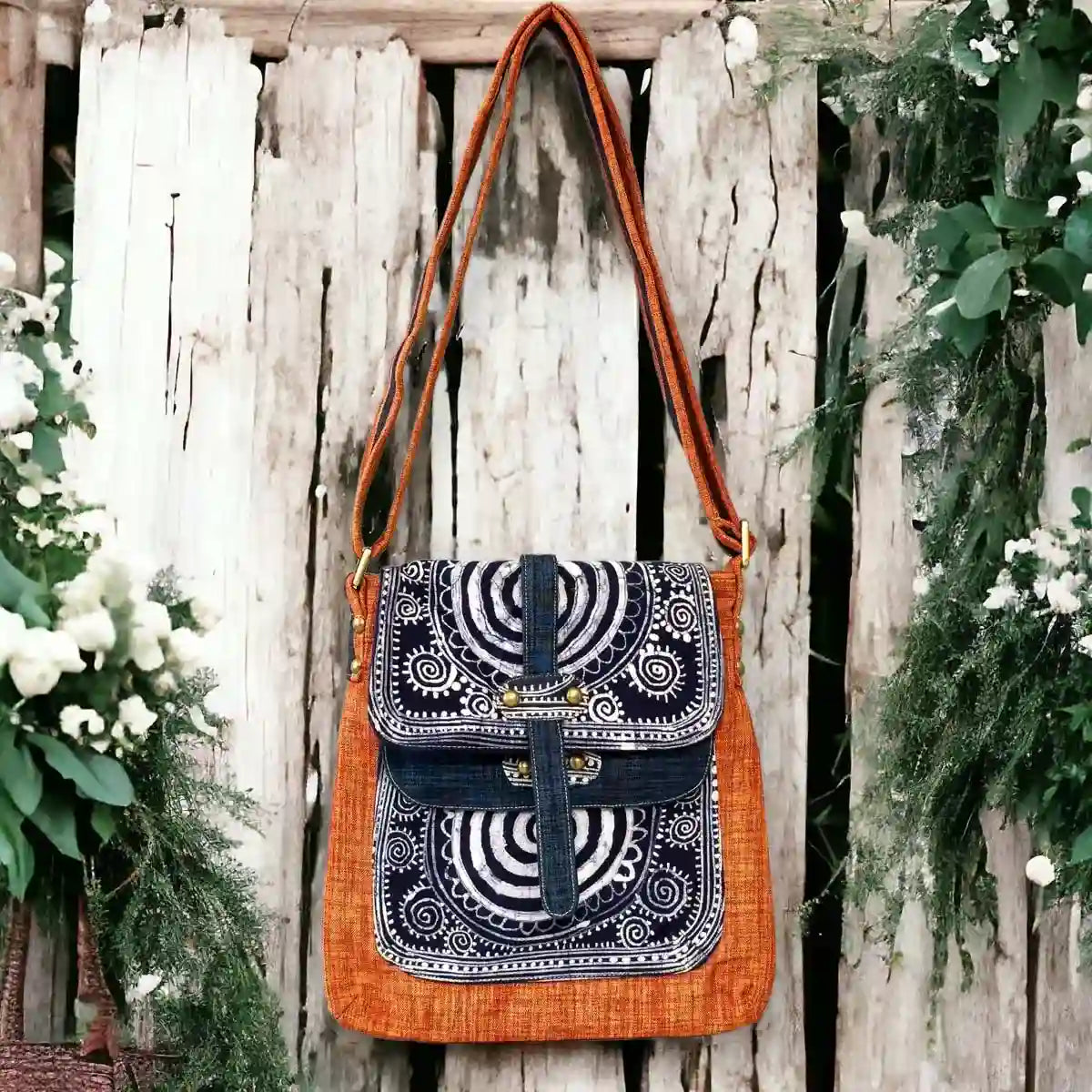 Vindigo crossbody bag orange embroidered circle denim front view